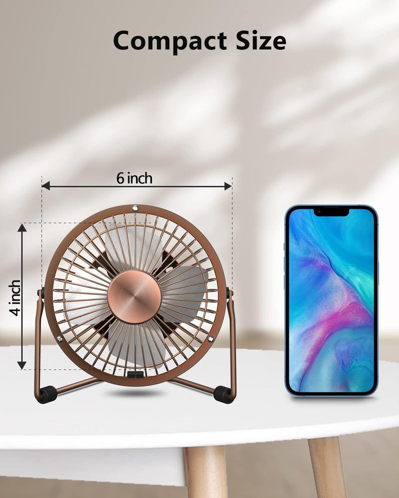 Zuvas Desk Fan Quiet Small USB Fan 360° Rotation Portable Table Fan 2 Speed Mini Personal Fan Air Cooling Electric Fan for Home Office Bedroom Travel Camping, 4 inch Bronze - Image 2